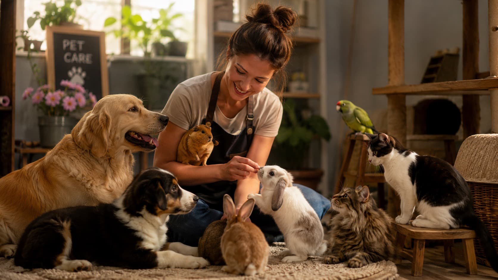 Pet carer with dogs, cats and rabbits